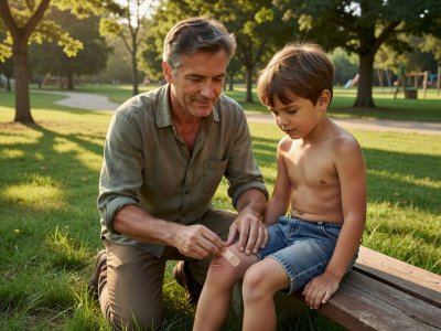 Parent applying a bandage to a child's knee outdoors