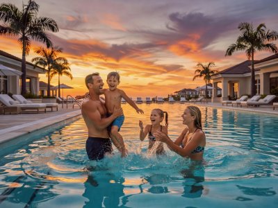 Family splashing in a large resort swimming pool at sunset