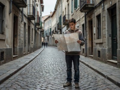 A teenager holding a city map and looking down a cobblestone street
